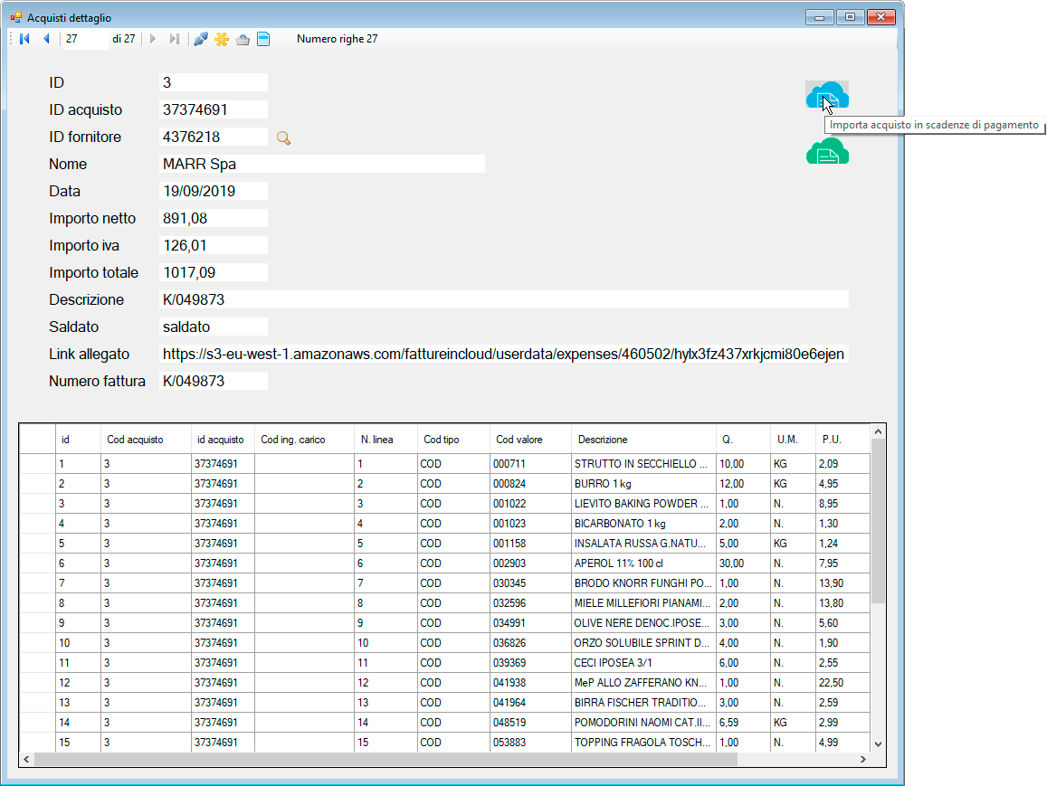 Importazione acquisto in Scadenze di pagamento
